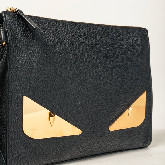 Fendi Monster Black Pebbled Leather Large Clutch - Picture 5 of 12